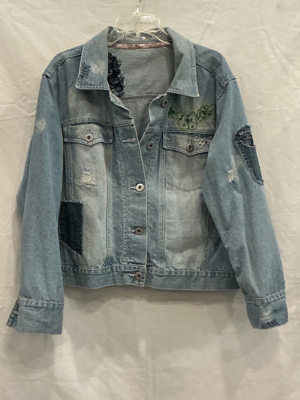 Light Wash Embroidered Patchwork Denim Jacket - Women's